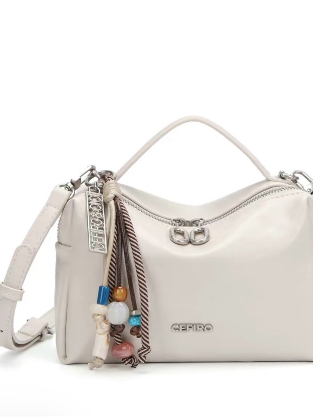 Cefiro Cream/white Leather Top-Handle Shoulder Bag with Bead Charm
